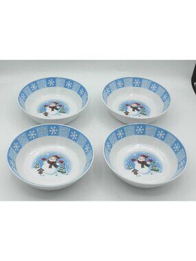 MBT2 by Merry Brite Coupe Cereal Bowls Set of 4 Snowman Birdhouse Snowflakes